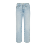 The Tiny Finch Billie Adulation light wash cropped wide straight leg jeans in premium rigid denim with distressing.