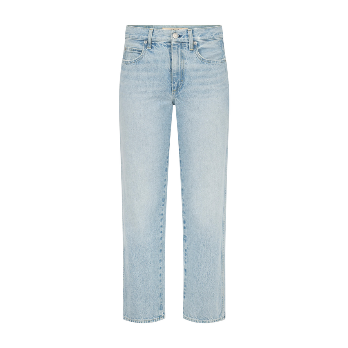 The Tiny Finch Billie Adulation light wash cropped wide straight leg jeans in premium rigid denim with distressing.