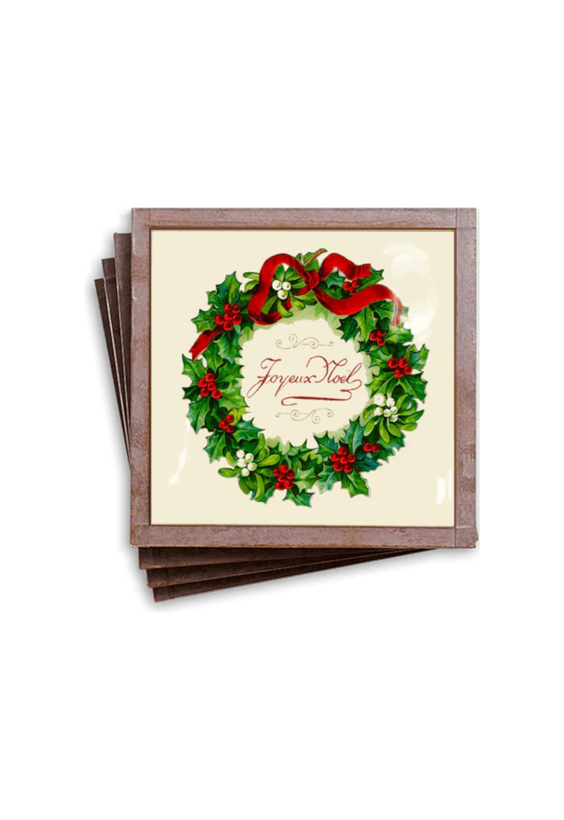 Decoupage Coasters Joyeux Noel Wreath Christmas Set of 4