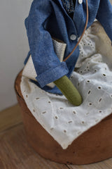 Fern the Frog — Heirloom Doll in Indigo Field Jacket & Eyelet Skirt