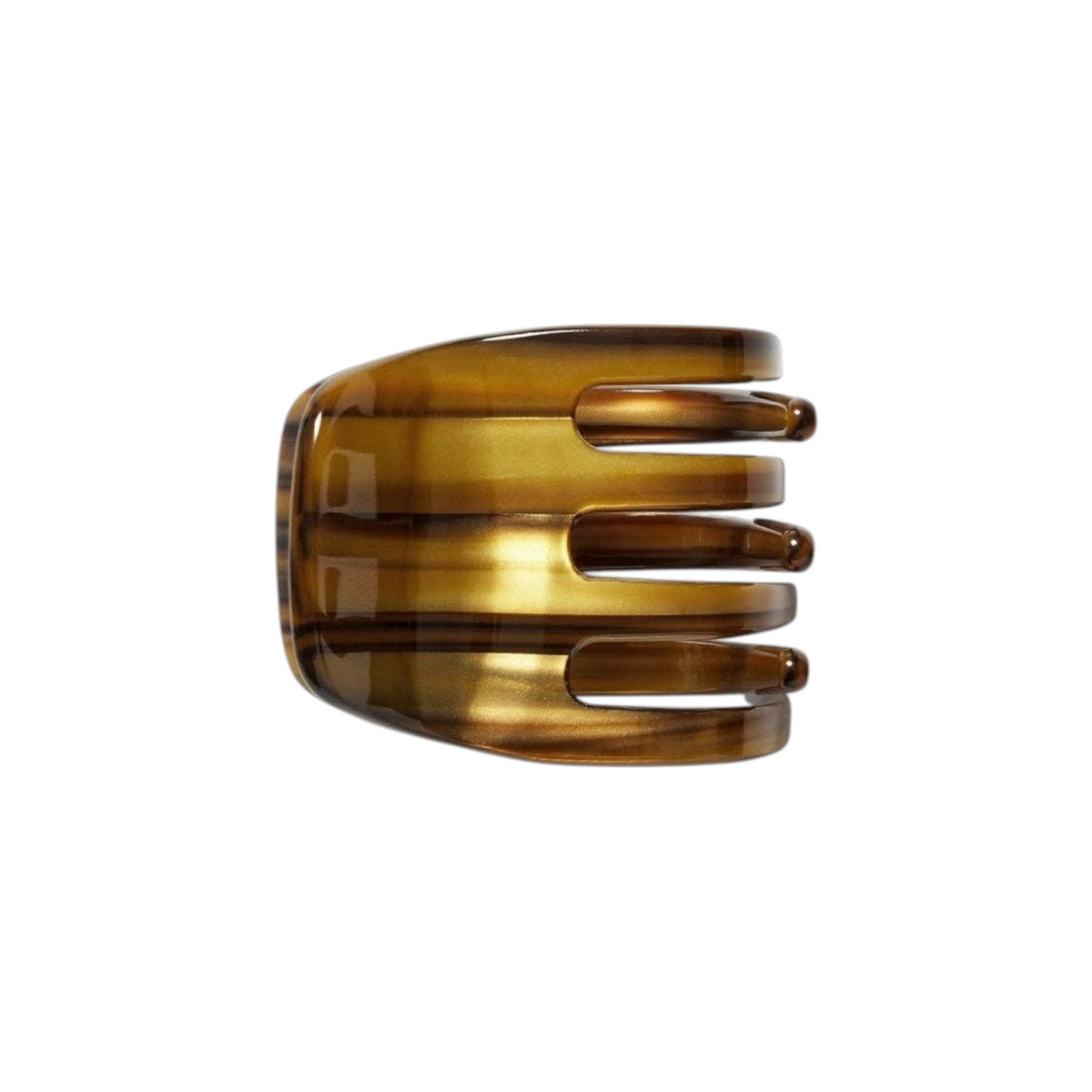 The Tiny Finch mini hair claw clip in a brown tiger's eye patterned Italian bio-acetate finish.