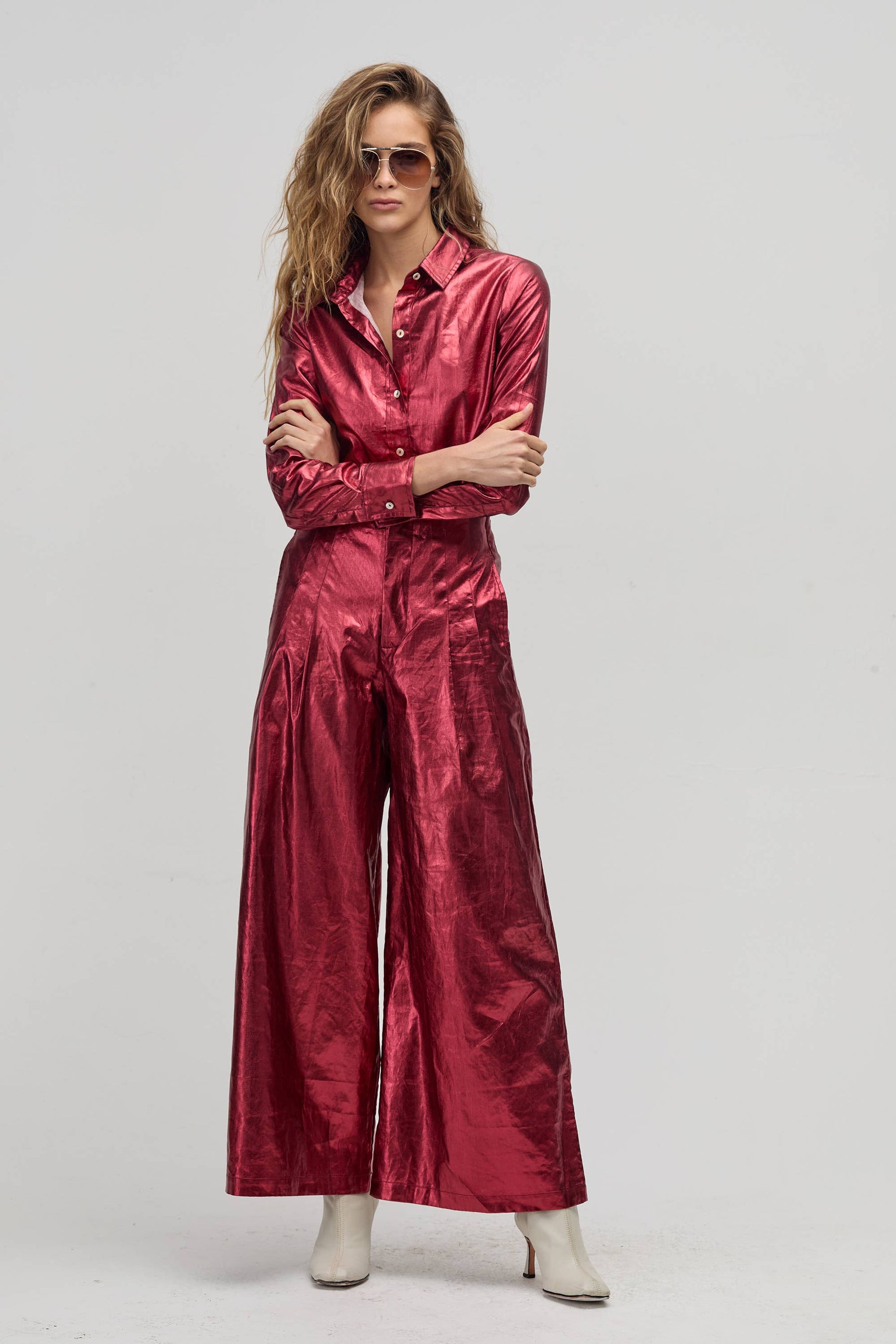 Pant Metallic Linen Cherry Red
