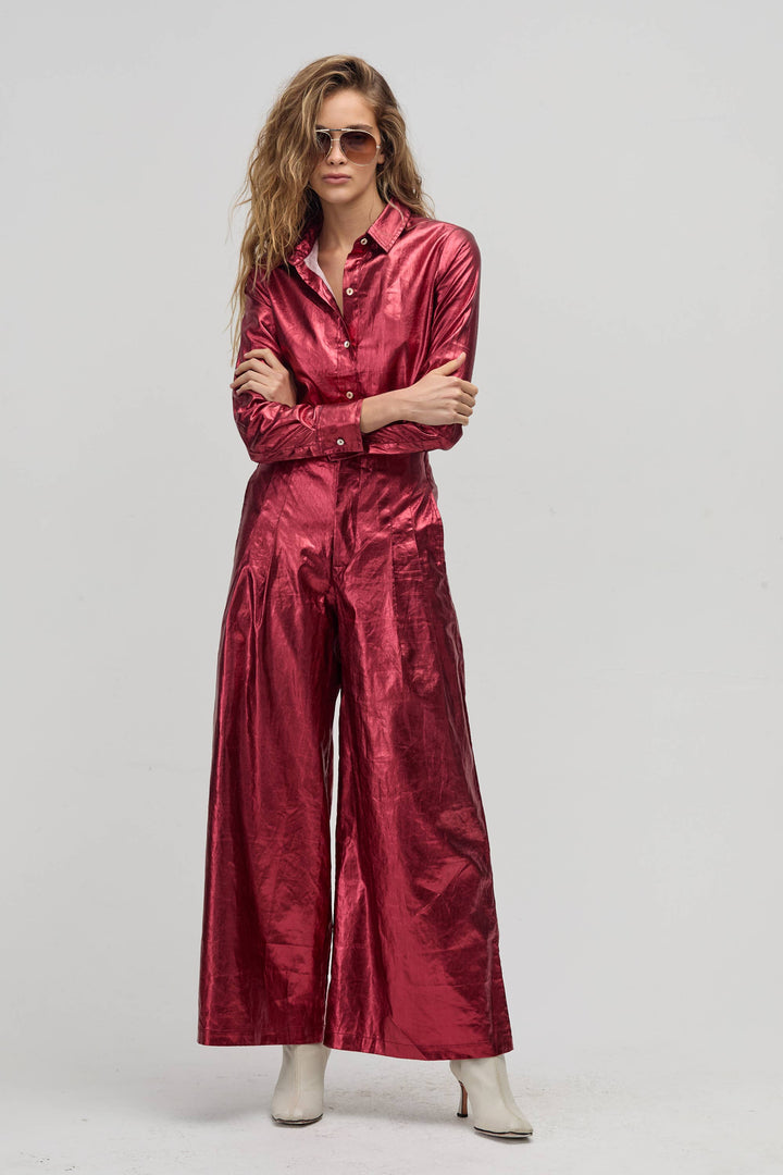 Pant Metallic Linen Cherry Red