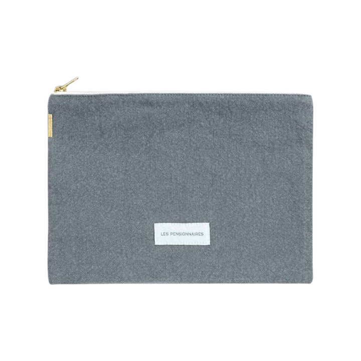The Tiny Finch Horizon Blue large organic cotton canvas pouch with a gold zipper and Les Pensionnaires label.
