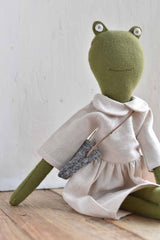 Fern the Frog — Heirloom Wool Doll in Oat Linen Dress
