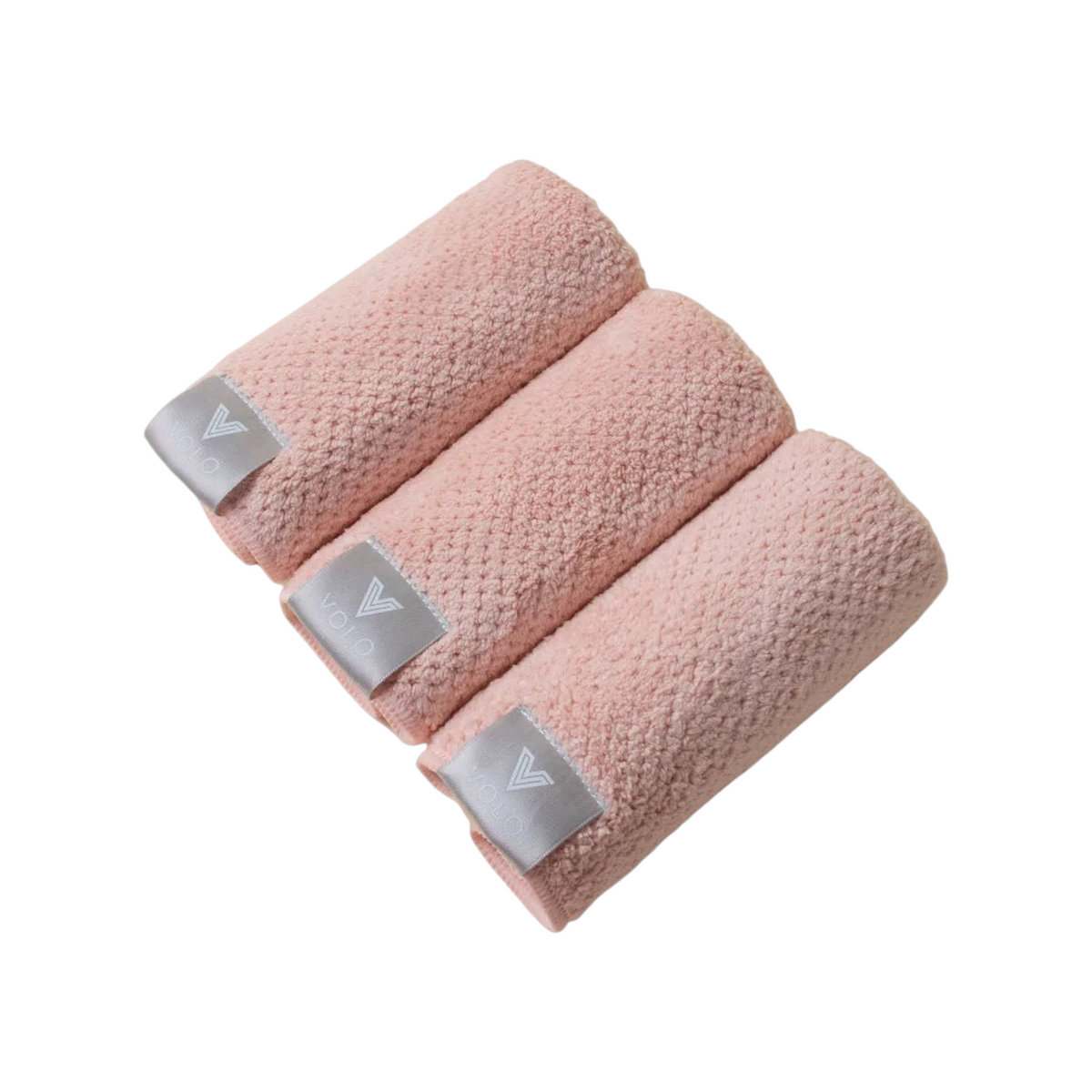 The Tiny Finch VOLO Beauty cloud pink face towels in a set of three, featuring soft absorbent Nanoweave fabric.