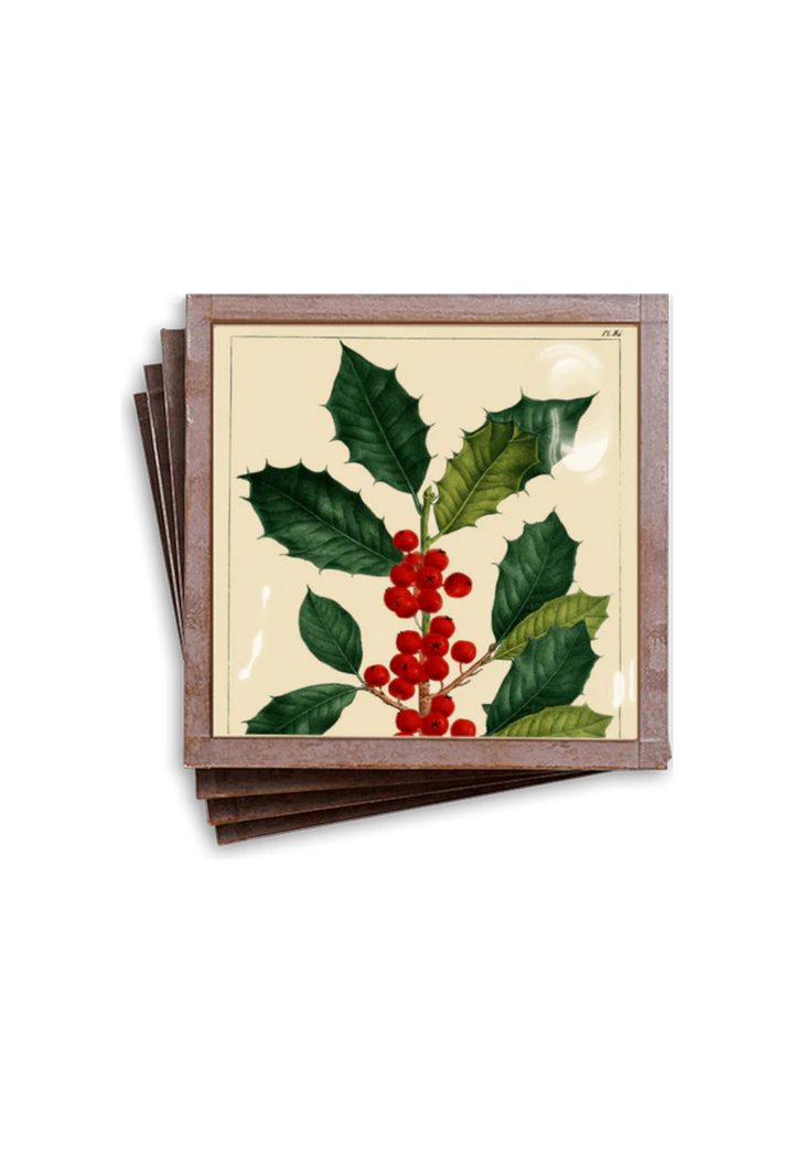 Decoupage Coasters American Holly Christmas Set of 4