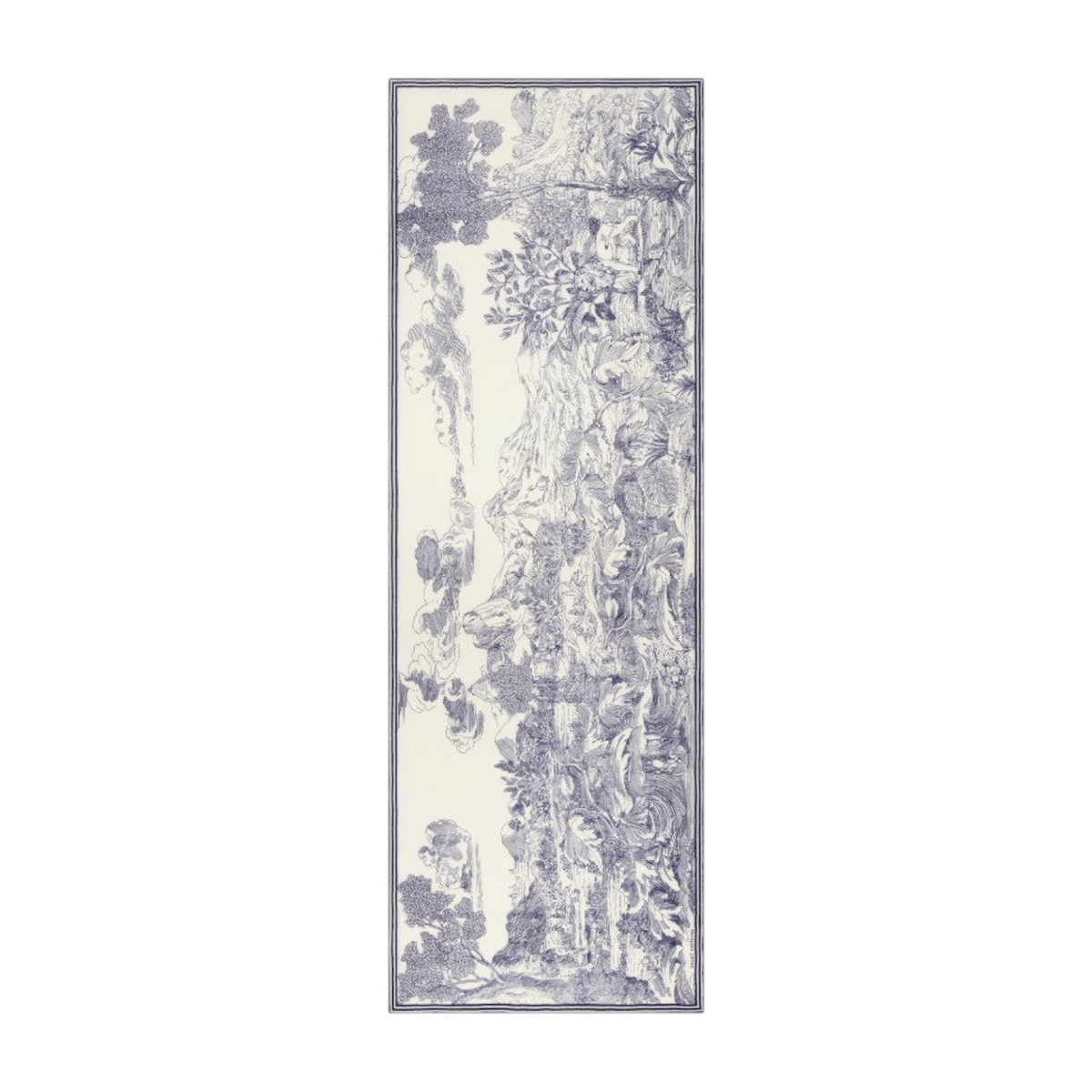 The Tiny Finch Scarf Histoire in white with blue handprinted wool landscape design, 70 x 190 cm rectangular wrap.