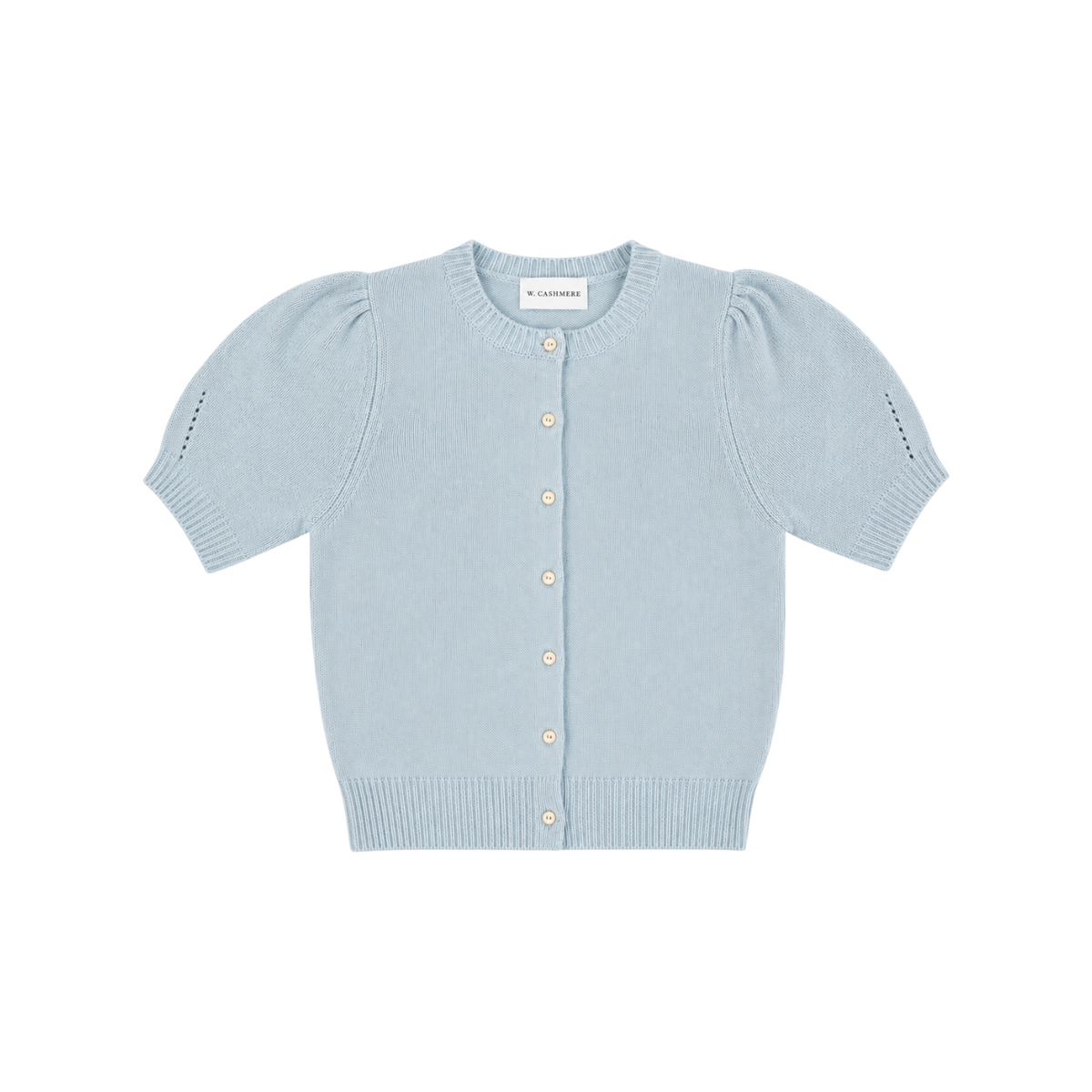 The Tiny Finch W. Cashmere light blue silk-cashmere knit cardigan with puff sleeves and button-front closure.