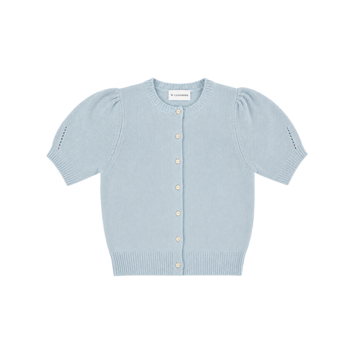 The Tiny Finch W. Cashmere light blue silk-cashmere knit cardigan with puff sleeves and button-front closure.