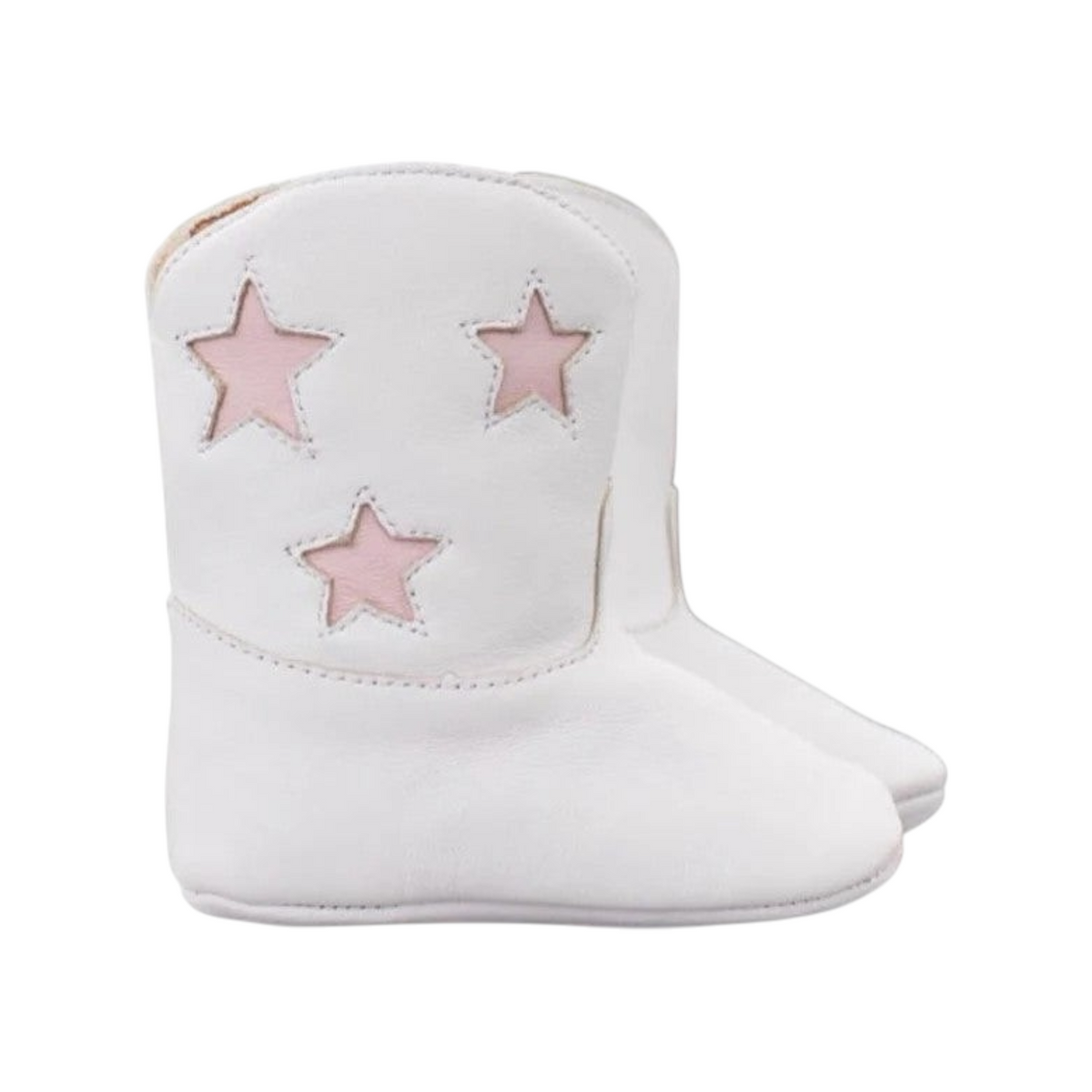 The Tiny Finch baby boots in white leather with pink star appliques and a western-style design for toddlers.