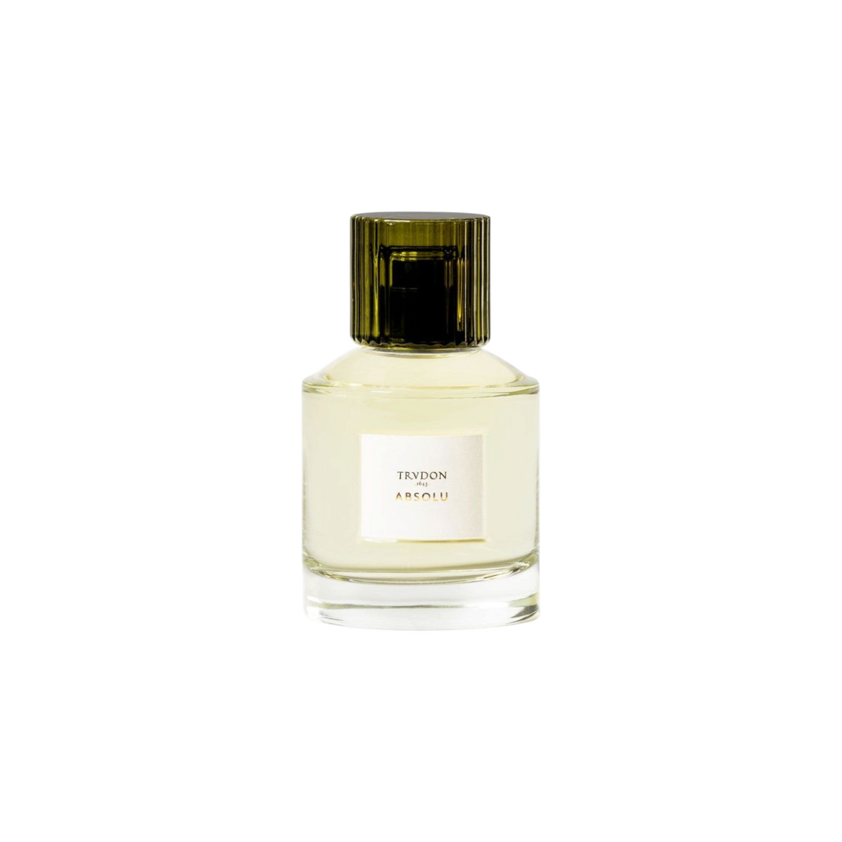 The Tiny Finch Trudon Absolu perfume in a clear glass bottle with a dark green ribbed cap and white label.