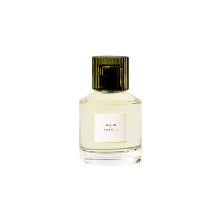 The Tiny Finch Trudon Absolu perfume in a clear glass bottle with a dark green ribbed cap and white label.
