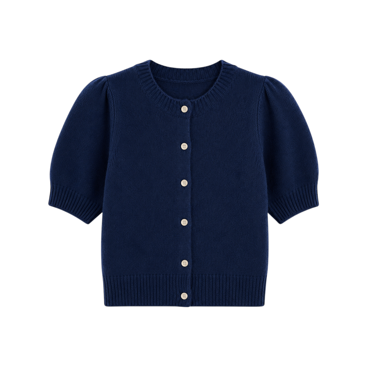 The Tiny Finch Sheila puff sleeve cardigan in eclipse navy blue silk cashmere knit with button front closure