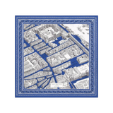 The Tiny Finch square cotton scarf in blue featuring a detailed white line-art map print of the Louvre museum area.