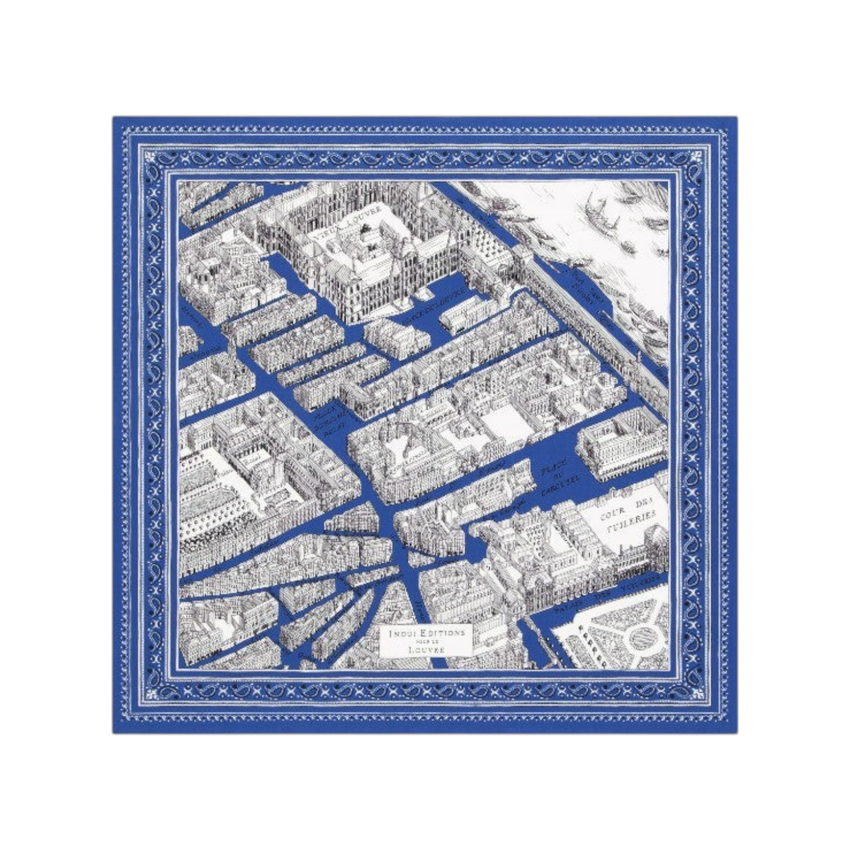 The Tiny Finch square cotton scarf in blue featuring a detailed white line-art map print of the Louvre museum area.