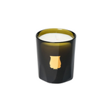 The Tiny Finch Ernesto candle in a dark green glass vessel with a gold emblem, featuring leather and tobacco notes.