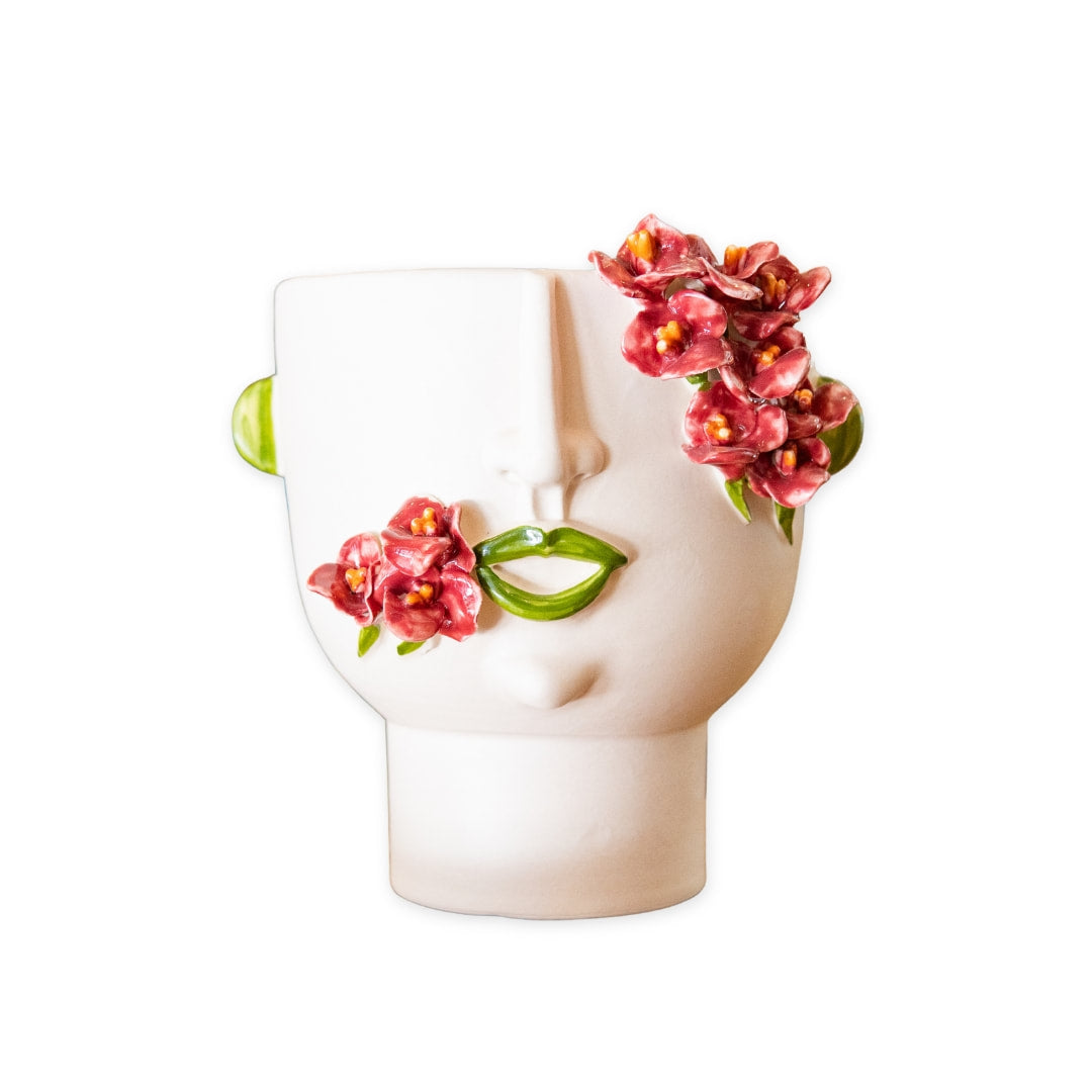 Face Vase Medium Red Flowers