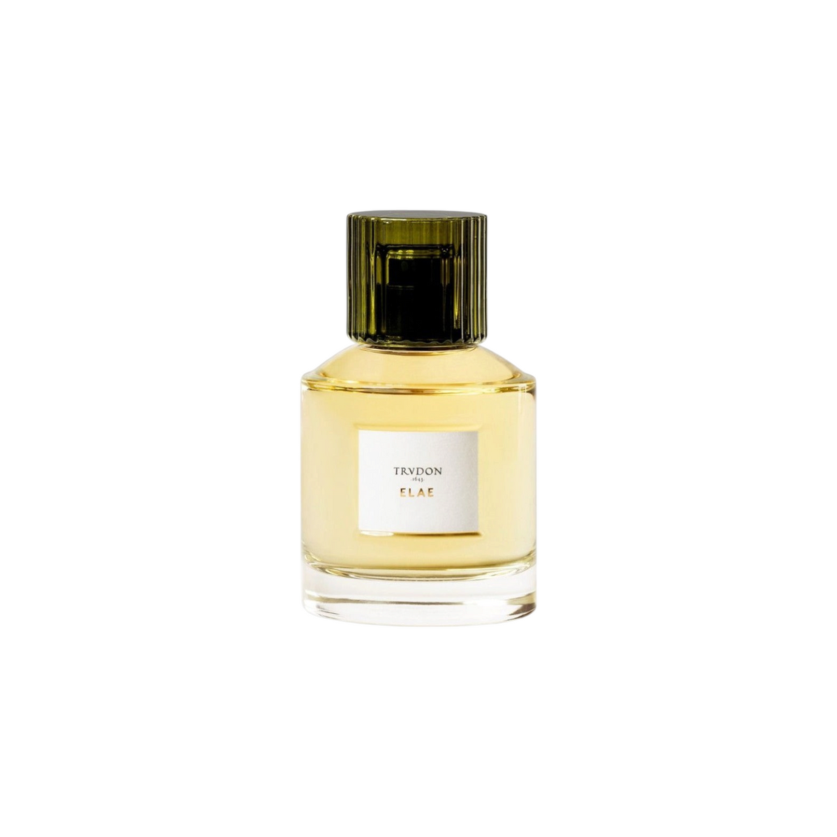 The Tiny Finch Elae perfume in a clear glass bottle with a dark green ribbed cap and golden liquid fragrance.