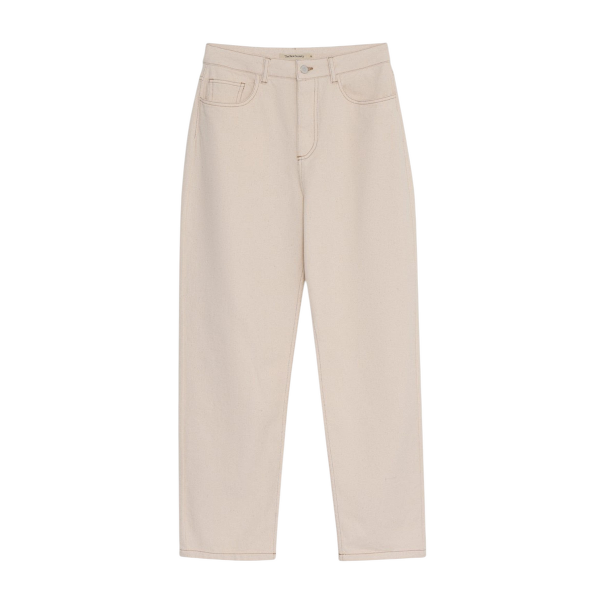 The Tiny Finch ecru BCI cotton denim pants with a classic five-pocket design and straight-leg fit.