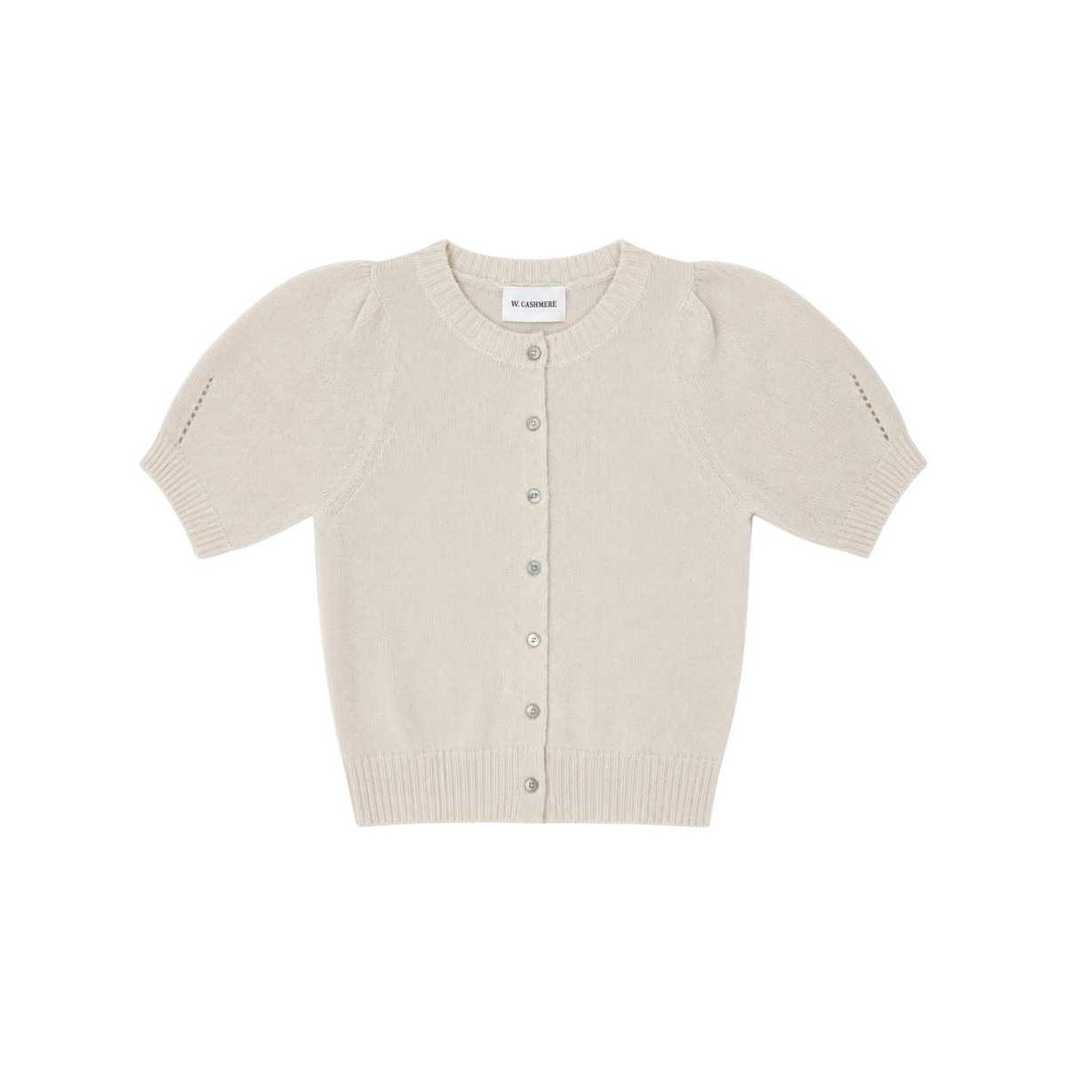 The Tiny Finch W. Cashmere ivory puff sleeve cardigan in a soft silk and cashmere blend with button-front closure.