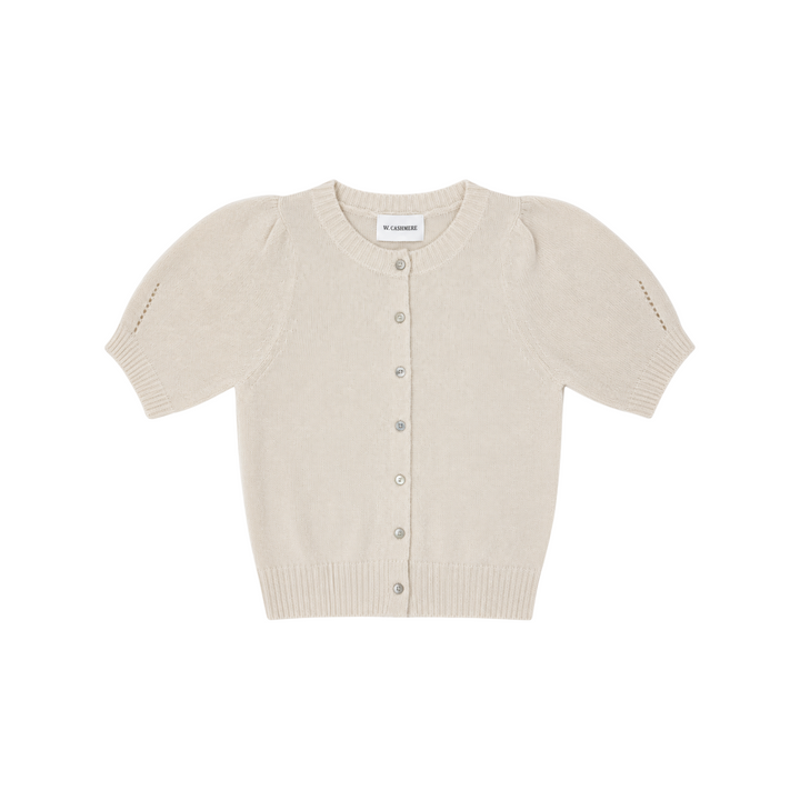 The Tiny Finch W. Cashmere ivory puff sleeve cardigan in a soft silk and cashmere blend with button-front closure.