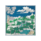 The Tiny Finch square silk scarf in green and blue featuring a detailed landscape illustration with wild animals.