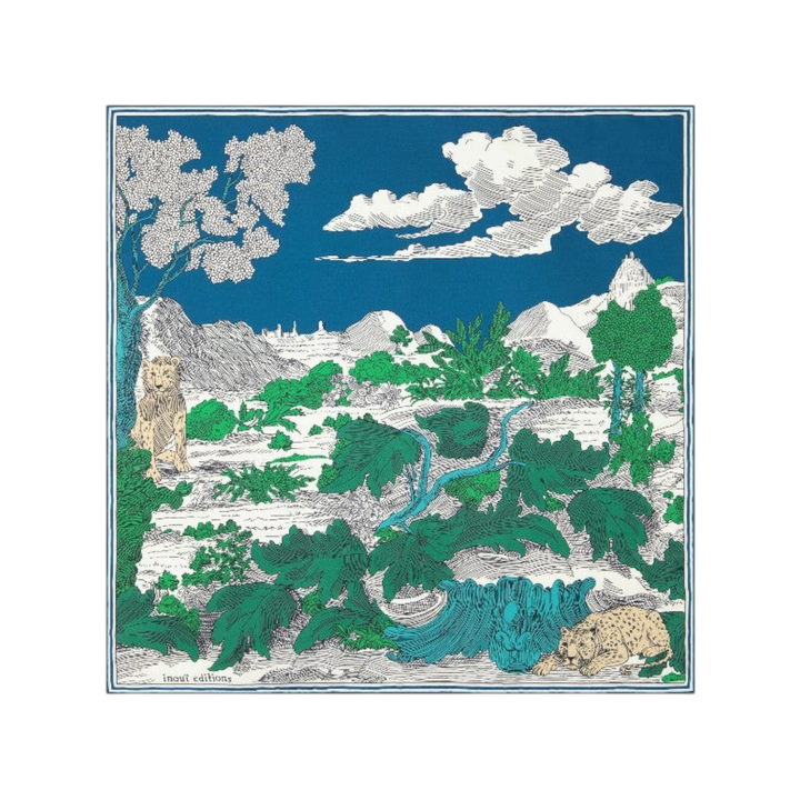 The Tiny Finch square silk scarf in green and blue featuring a detailed landscape illustration with wild animals.