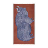 The Tiny Finch Walter scarf in burgundy wool featuring a detailed blue illustration of a ram with fringed edges.