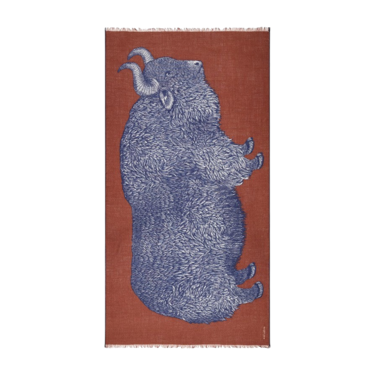 The Tiny Finch Walter scarf in burgundy wool featuring a detailed blue illustration of a ram with fringed edges.