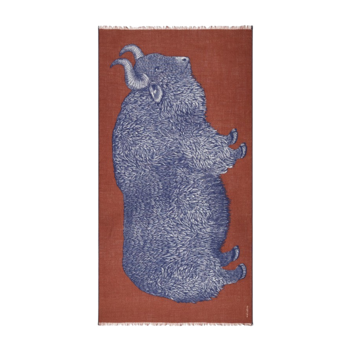 The Tiny Finch Walter scarf in burgundy wool featuring a detailed blue illustration of a ram with fringed edges.