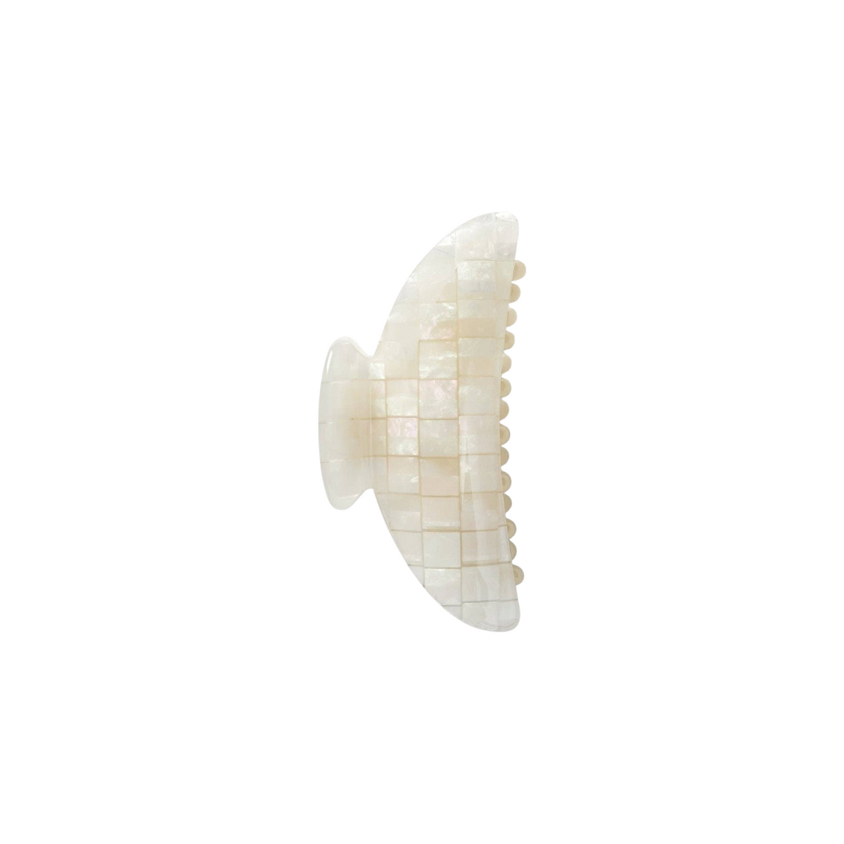 The Tiny Finch midi hair claw clip in opalite shell checker pattern, crafted from Italian acetate.