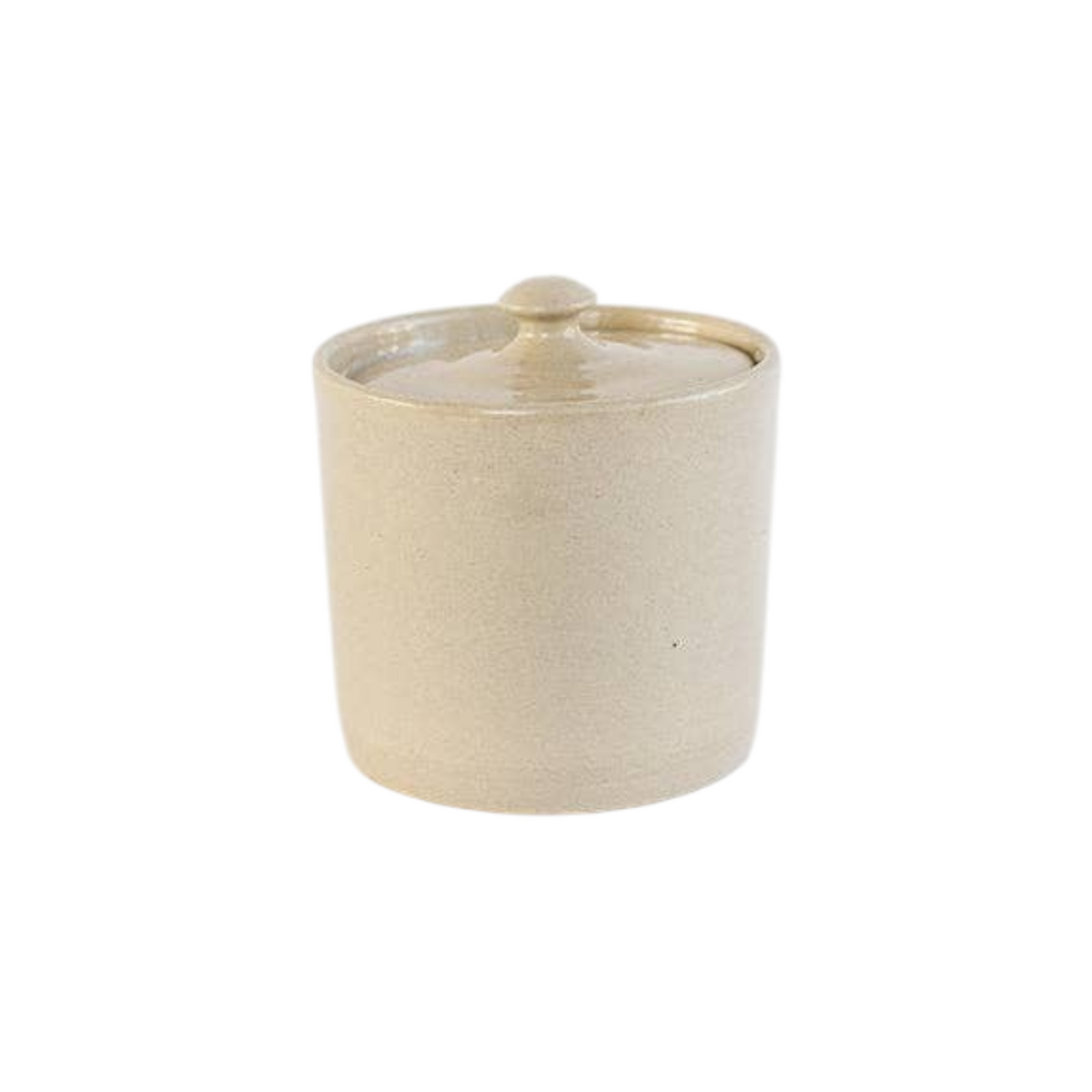 The Tiny Finch handmade beige stoneware canister with a matching lid, suitable for kitchen or bathroom storage.