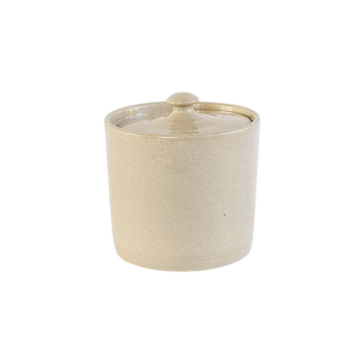 The Tiny Finch handmade beige stoneware canister with a matching lid, suitable for kitchen or bathroom storage.