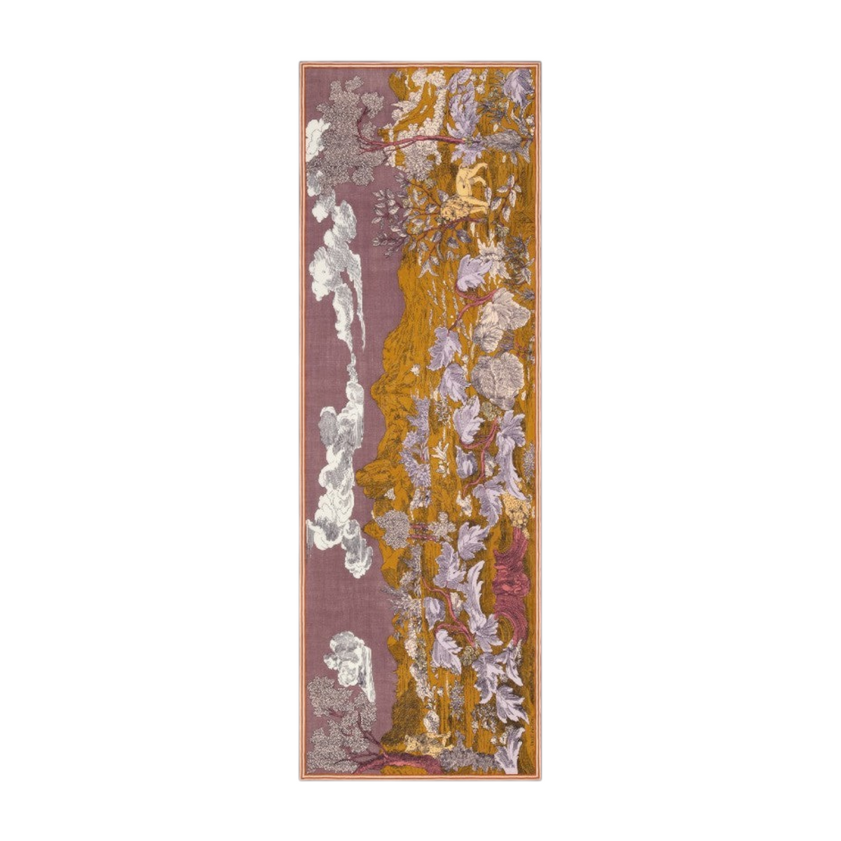 The Tiny Finch Histoire purple wool scarf featuring a handprinted landscape design in mustard and white tones.