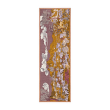 The Tiny Finch Histoire purple wool scarf featuring a handprinted landscape design in mustard and white tones.
