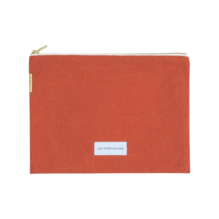 The Tiny Finch Les Pensionnaires large pouch in flamboyant orange organic cotton canvas with a gold zipper.