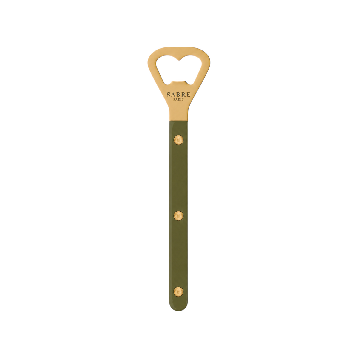 The Tiny Finch Bistro bottle opener in gold with a garden green handle featuring visible rivets and a sleek design.