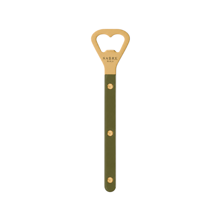The Tiny Finch Bistro bottle opener in gold with a garden green handle featuring visible rivets and a sleek design.