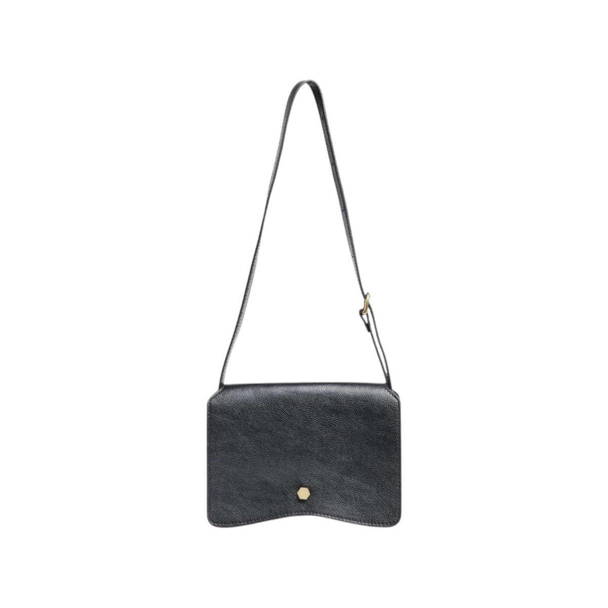 The Tiny Finch Val black leather crossbody bag with a minimalist flap design and a small gold hexagonal stud.