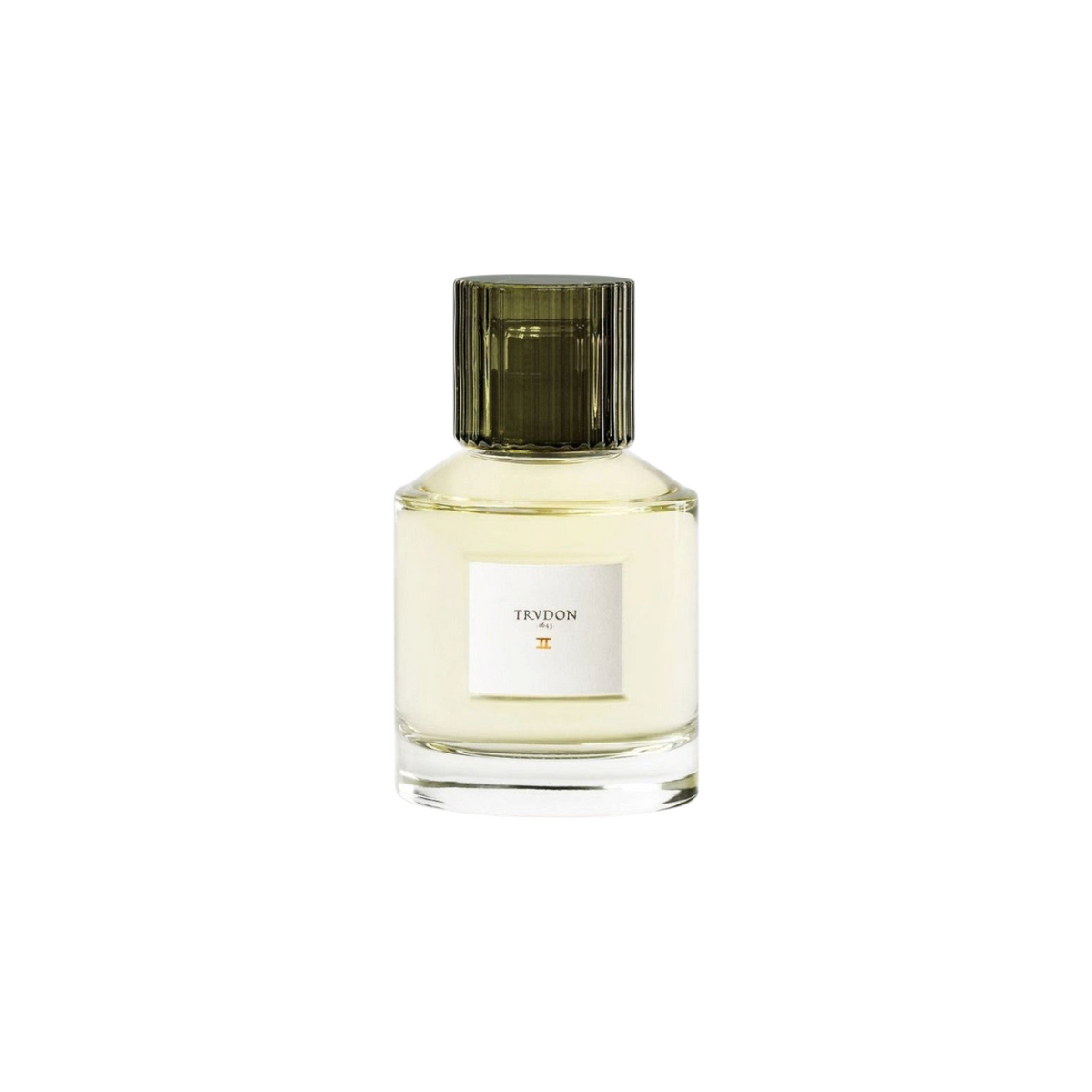 The Tiny Finch Trudon II perfume in a clear glass bottle with a dark green ribbed cap and white label.