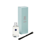 The Tiny Finch Odalisque diffuser refill set with a 350ml glass bottle, light blue box, and black reed sticks.