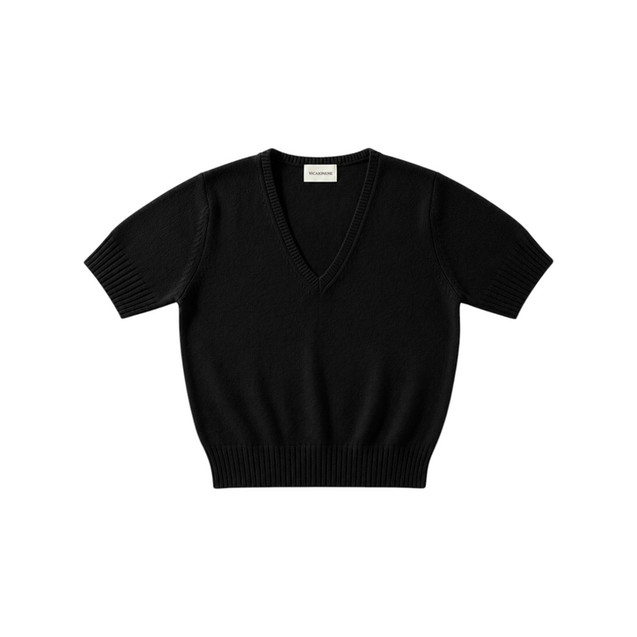 The Tiny Finch black short sleeve V-neck sweater in pure cashmere with ribbed hem and sleeve cuffs.