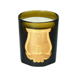 The Tiny Finch Odalisque scented candle in a dark green glass vessel with an ornate gold embossed emblem.