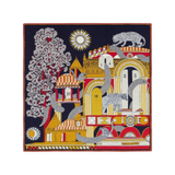 The Tiny Finch Nicolas navy square wool scarf featuring a detailed architectural print with leopards and sun motifs.