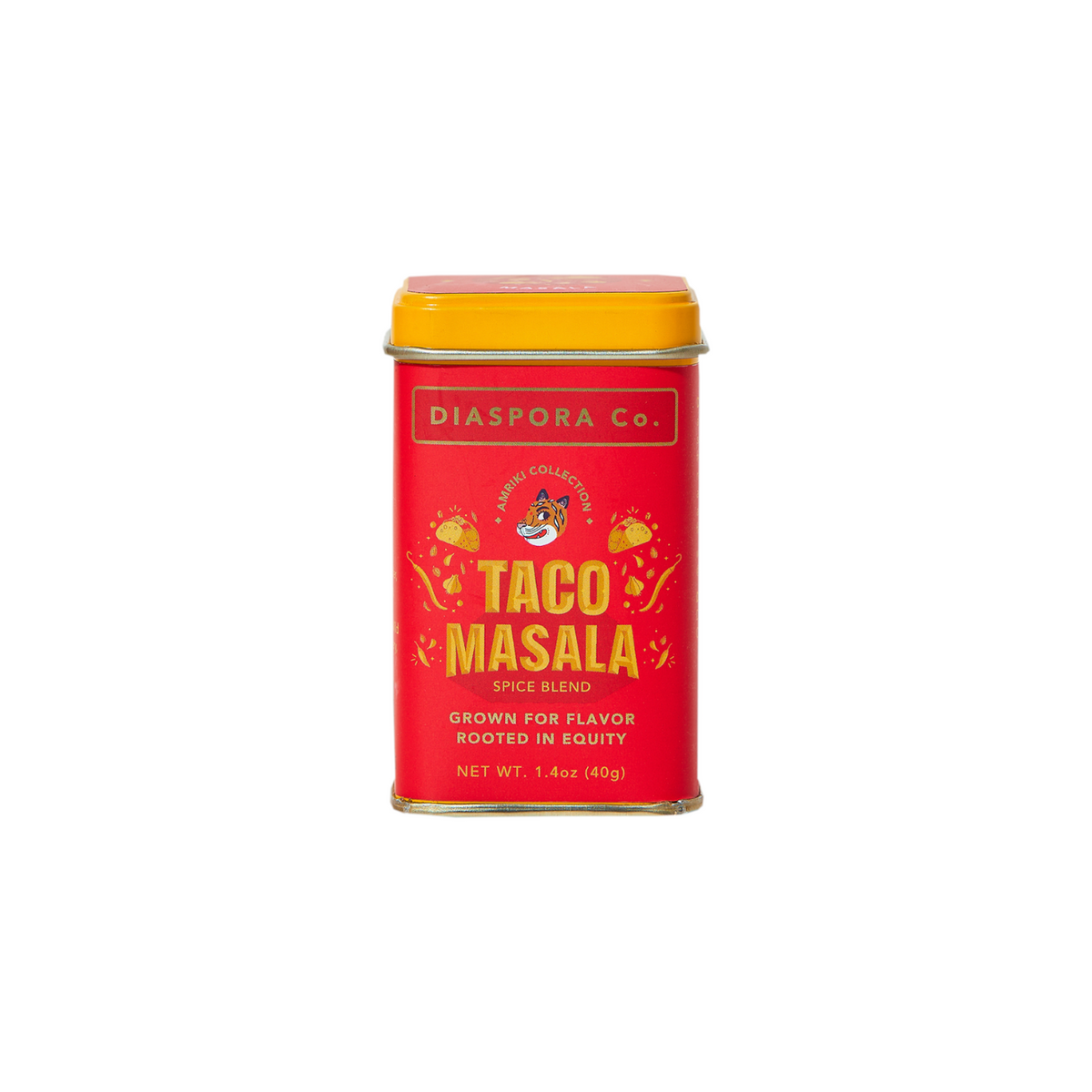 The Tiny Finch Taco Masala spice blend in a vibrant red rectangular tin with gold lettering and a tiger illustration.