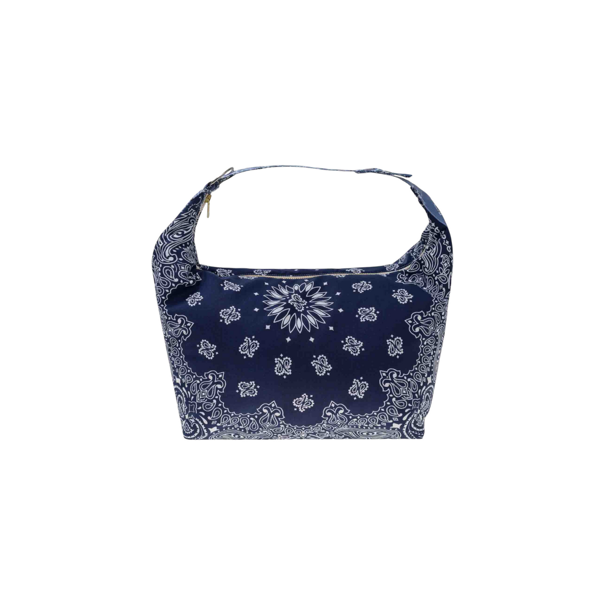 The Tiny Finch navy blue cotton Mini Berlingot bag featuring a white bandana print and adjustable snap handle.