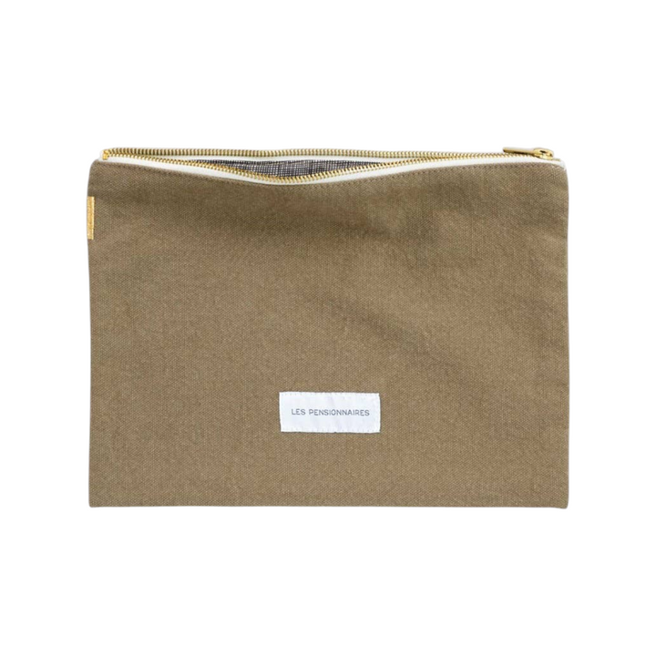 The Tiny Finch Les Pensionnaires large lime green organic cotton canvas pouch with a gold zipper and white label.