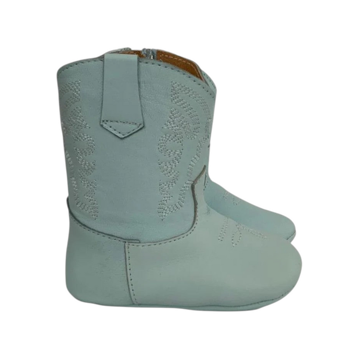 The Tiny Finch light blue leather toddler cowboy boots with decorative stitching and side zipper closure