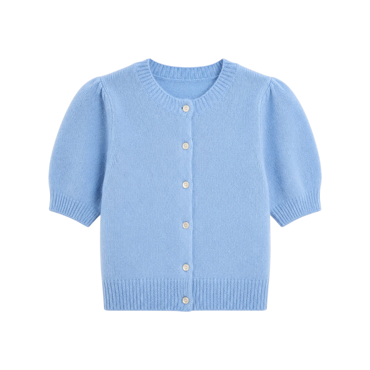 The Tiny Finch cornflower blue silk-cashmere cardigan with short puff sleeves and a button-front closure.